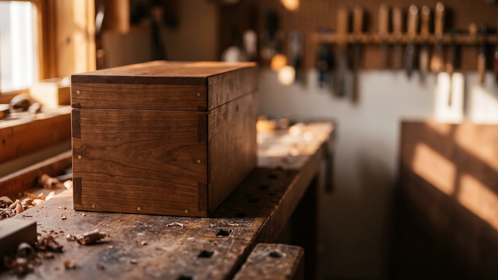 A plain dovetailed wooden box on a workbench in a sunlit shop.
